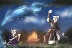  2015 anthro campfire canine clothed clothing duo feline fire folji fur leopard magic male mammal melee_weapon night outside riverwalker smile snow_leopard sword weapon wolf 