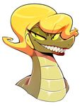  alligator anthro blonde_hair bust_portrait camp_lazlo eyelashes female gretchen hair lipstick reptile scalie sharp_teeth simple_background smile solo sunibee teeth white_background yellow_eyes yellow_sclera 