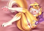  2015 anthro anus areola arm_sleeves black_sclera blue_eyes blush breasts canine digimon doomthewolf female fox fur hi_res mammal nipples nude open_mouth pussy pussy_juice renamon saliva solo spread_pussy spreading tongue tongue_out yellow_fur 
