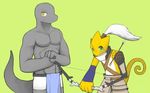  abs anthro archer bow_(weapon) chameleon clothed clothing digital_media_(artwork) duo flexing front_view half-dressed lizard looking_at_viewer pecs ponytail ranged_weapon reptile scalie topless warrior weapon whiteleo 