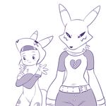  &lt;/3 ambiguous_gender anthro belt black_and_white black_eyes black_sclera canine clothed clothing digimon digital_media_(artwork) duo eyebrows female fox fur fursuit hair human lonbluewolf looking_back looking_down mammal monochrome pants renamon rika_nonaka shirt simple_background sketch white_background white_eyes white_sclera young 