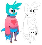  &lt;3 anthro avian beak bird blue_feathers blush clothing eyelashes feathers female footwear sandals solo standing sunibee sweater 