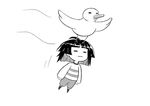  :| aandaud ambiguous_gender avian bird bird_that_carries_you_over_a_disproportionately_small_gap clothing feathers flying hair human mammal monochrome protagonist_(undertale) shirt short_hair simple_background sketch smile undertale video_games white_background wings 