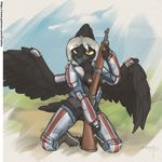  armor avain avian bird breasts corvid crow draekos female gun karkasy patreon pussy ranged_weapon rifle valkyria_chronicles weapon wings 