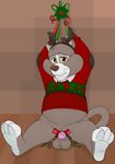  anthro arms_tied balls bottomless bound cat christmas christmas_sweater clothed clothing disney douglas_benson embarrassed erection fake_antlers feline flat_colors front_view half-dressed hi_res holidays humanoid_penis looking_at_viewer male mammal neenya penis penis_ribbon raised_arm ribbons sheath sitting slightly_chubby small_penis spread_legs spreading sweater talespin whiskers 