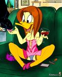  2015 absurd_res anthro avian balls beak bird black_feathers breasts brown_hair clothed clothing couple daffy_duck duck excited feathers female hair hi_res high_heels lingerie long_hair looney_tunes nipple_bulge nipples open_mouth panties penis sitting smile the_looney_tunes_show tina_russo tongue tooners underwear warner_brothers wine_glass yellow_feathers 