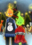  alistairical christmas clothing elemental female fire_elemental fuku_fire gift grillby hat hi_res holidays horn lamppost male monster monster_kid noseless smile snow snowman sweater tree undertale video_games 