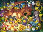  animal animal_on_back backpack bag bottle brown_hair burmy charizard closed_eyes cosplay denim diancie eevee gem gen_1_pokemon gen_2_pokemon gen_3_pokemon gen_4_pokemon gen_6_pokemon gengar goomy gyarados hand_on_own_chin hat head_wreath holding_needle jeans latias latios lei magikarp mawile needle outdoors pants pikachu pokemoa pokemon pokemon_(creature) pokemon_(game) pokemon_frlg red_(pokemon) revision sableye sewing skirt slowking snorlax tree zipper 