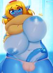  2015 3mangos anthro areola balls big_breasts big_nipples blonde_hair blue_eyes blue_penis blue_skin blush breasts clothing dickgirl dragon erection hair headband hi_res horn huge_breasts humanoid_penis intersex long_hair looking_at_viewer navel nipples panties penis slightly_chubby solo sweater thick_thighs underwear undressing vein voluptuous wide_hips 