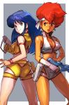  2girls blue_eyes blue_hair border breasts cleavage cowboy_shot cropped_legs dark_skin dirty_pair earrings gloves gun hankuri holding holding_gun holding_weapon jewelry kei_(dirty_pair) long_hair midriff multiple_girls red_eyes red_hair short_hair short_shorts shorts sleeveless weapon yuri_(dirty_pair) 