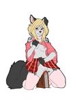  2015 anthro blonde_hair book breasts canine clitoral_hood clothing dog faint female fur hair legwear mammal pussy red_eyes simple_background skirt solo squeezing_breast stockings white_background white_fur 