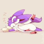  artist_name bow closed_eyes commentary face_in_pillow highres lying no_humans on_stomach pillow pokemon pokemon_(creature) purpleninfy ribbon simple_background sleeping stretch sylveon zzz 