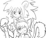  annoyed brothers cat clothed clothing digital_drawing_(artwork) digital_media_(artwork) duo feline front_view greyscale half-dressed hand_on_shoulder kay_(whiteleo) leo_(whiteleo) lion mammal mane monochrome one_eye_closed scarf sibling smile sweat sweatdrop tail_pull topless whiteleo 