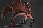  2015 anthro black_background black_hair blacktalons butt claws clothing digital_media_(artwork) dragon female gloves hair horn legwear pointy_ears red_scales ries scales scalie signature simple_background solo stockings toe_claws wings 