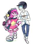  alien anthro backpack baseball_bat blue_eyes blush bovine buffalo_bell cattle clothing duo female fur gem_(species) hair hat helmet hi_res horn mammal mascot meanlevee nippon_professional_baseball open_mouth orix_buffaloes pearl_(steven_universe) pink_eyes pink_fur pink_hair skirt smile steven_universe 