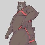  5_fingers bear brown_fur butt fur grey_background harness looking_at_viewer low-angle_shot male mammal muscular muscular_male nude oak orchish_(pixiv) simple_background solo 