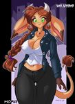  anthro big_breasts bovine breasts brown_fur brown_hair cattle chalo clothed clothing female freckles fur green_eyes hair horn huge_breasts las_lindas long_hair mammal mora_linda nipple_bulge smile solo thick_thighs wide_hips 