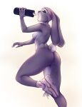  2021 5_fingers absurd_res anthro clothing disney drinking eyebrows eyelashes eyes_closed female fingers footwear genitals hi_res judy_hopps lagomorph leporid mammal monian mostly_nude nipples pink_nose pose pussy rabbit scut_tail simple_background socks solo water_bottle white_background zootopia 
