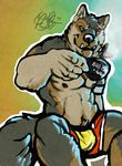  abs beverage black_nipples black_nose bulge canine clothing coffee cup cute food holding looking_at_viewer male mammal muscular nipples simple_background sitting skrawl stocky underwear were werewolf white_belly wolf 
