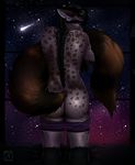  2015 anthro black_border black_hair border brown_fur butt clothed clothing digital_media_(artwork) fur hair half-closed_eyes half-dressed hybrid hyena inner_ear_fluff inside kneeling little-munster looking_at_viewer looking_back male mammal pants pants_down raccoon rear_view shooting_star sky solo spots star starry_sky topless watermark 