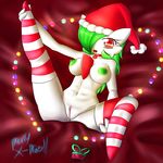  absurd_res bed_sheet breasts butt christmas collar condom female fir3born gardevoir green_hair hair hat hi_res holidays jewelry lights long_hair necklace nintendo nipples nude pok&eacute;mon presenting presenting_pussy pussy santa_hat smile solo video_games 