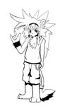 anthro barefoot black_and_white clothing devil_horns feline grin hi_res leo_(whiteleo) lion looking_at_viewer male mammal mane monochrome shirt shorts solo tank_top whiteleo young 