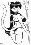  2015 anthro butt cat clothing david_a_cantero feline female fur grape hair hi_res lingerie long_hair looking_at_viewer looking_back mammal melee_weapon monochrome polearm rear_view simple_background solo weapon white_background 
