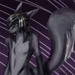  abstract_background anthro black_hair blonde_hair canine chaos_(character) digital_media_(artwork) fur green_eyes grey_fur hair half-closed_eyes male mammal multicolored_hair navel nude purple_background simple_background sketch smile solo standing two_tone_hair wing-of-chaos wolf 