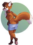  2015 anthro body_hair brown_fur brown_hair buster_maru butt canine chest_hair clothing collar fur hair hindpaw inner_ear_fluff looking_at_viewer looking_back male mammal maned_wolf multicolored_fur orange_fur pants pants_pull pawpads paws presenting presenting_hindquarters raised_tail shorts simple_background smile strawberryneko teasing white_fur yellow_eyes 