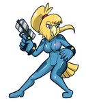  avian blue_eyes chozo female gun metroid nintendo ranged_weapon samus_aran simple_background solo unknown_artist video_games weapon white_background zero_suit 