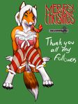  2015 angie_(character) anthro anus bell bow breasts butt candy candy_cane canine chakat-silverpaws christmas claws clitoris clothed clothing english_text female food fox fur green_background green_eyes hair half-dressed hi_res holidays legwear lingerie long_hair looking_at_viewer mammal nipples nude orange_fur pussy ribbons simple_background smile solo stockings teeth text toe_claws tongue translucent transparent_clothing white_hair 