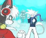  anthro barefoot borthers bottomless cat clothed clothing duo earmuffs featureless_crotch feline grin half-dressed hi_res kay_(whiteleo) leo_(whiteleo) lion male mammal mane outside perspective scarf snowball snowball_fight standing sweater whiteleo young 