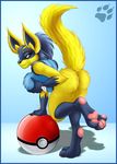  anthro big_breasts big_butt black_nose blue_fur breasts butt canine female fur hindpaw holding_breast looking_at_viewer lucario mammal mark_haynes nintendo nude paws pok&eacute;ball pok&eacute;mon red_eyes simple_background smile solo spikes video_games watermark yellow_fur 
