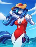  2015 anthro anthrofied armpits big_breasts blue_eyes blue_hair breasts clothing cloud crossgender cutie_mark equine female friendship_is_magic hair hat horn long_hair mammal multicolored_hair my_little_pony one-piece_swimsuit outside patreon shining_armor_(mlp) sky smile solo swimsuit two_tone_hair unicorn water zwitterkitsune 