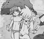  :3 anthro arm_around_shoulders beach canine clothed clothing digital_media_(artwork) dog duo eyes_closed featureless_crotch feline food front_view greyscale half-dressed hi_res landscape leo_(whiteleo) lion mammal mane monochrome navel nude popsicle seaside smile speedo swimsuit topless walking whiteleo young 