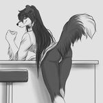  anthro bar bent_over border_collie bottomless butt canine clothed clothing collie dog female hair half-dressed inkrend long_hair looking_at_viewer looking_back mammal miku pussy raised_tail rear_view shirt smile solo 