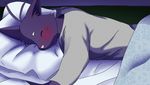  2015 anthro bed bed_sheet blush cat cool_colors danuelragon34 digital_media_(artwork) feline fur lying male mammal morenatsu on_bed on_front pillow purple_fur shin_(morenatsu) sleeping smile under_covers 