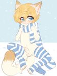  4_fingers anthro balls blonde_hair blue_eyes blush cat claralaine clothing cub feline fur hair humanoid_penis legwear male mammal mostly_nude open_mouth pawpads penis scarf simple_background smile solo stockings uncut white_fur young 