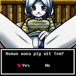  1:1 bed breasts clothing datfurrydude female hair hi_res imminent_sex interspecies on_bed option panties panties_aside presenting presenting_pussy pussy short_hair solo_focus spread_legs spreading sweat temmie_(undertale) undertale underwear video_games 