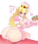  1girl alternate_costume ass blonde_hair blue_eyes breasts christmas crown eyebrows_visible_through_hair female from_behind fur_trim gloves hat heart highres huge_ass large_breasts lips long_hair looking_at_viewer looking_back mario_(series) mushroom nintendo noise pink_gloves pink_hat princess_peach santa_costume santa_hat short_sleeves simple_background sitting smile solo super_mario_bros. wide_hips 