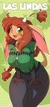  anthro big_breasts bovine breast_squish breasts brown_fur brown_hair cattle chalo clothed clothing female freckles fur green_eyes hair hi_res horn huge_breasts las_lindas mammal mora_linda open_mouth smile solo thick_thighs wide_hips 