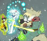  barefoot buckler canine cat clothed clothing featureless_crotch feline fight fox glowing group half-dressed ice kay_(whiteleo) leo_(whiteleo) lion magic mammal mane nude scarf shorts smile topless whiteleo 