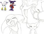  absurd_res anthro barely_visible_genitalia bust_portrait butt clothing digimon feline female gatomon gloves greyscale hi_res imp impmon male mammal monochrome neckerchief official_art open_mouth opencanvas perspective pinup pose pussy rear_view sharp_teeth sketch solo spot_color standing teeth vytalibus whiskers wings 