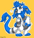  2015 ? anthro belly blue_fur blue_hair claws confusion cute digital_media_(artwork) fur grey_fur hair mammal multicolored_fur simple_background slightly_chubby standing stripes white_fur wish_(character) xiamtheferret yellow_background yellow_eyes 