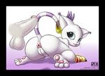  2015 anus balls blue_eyes digimon disembodied_penis duo erection female gatomon hi_res looking_back male male/female pawpads penis pussy rektum solo_focus tongue tongue_out 