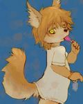  anthro bottomless candy claws clothed clothing cub cute food fur hair half-dressed kunugi lollipop looking_at_viewer shirt simple_background solo yellow_eyes young 