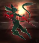  2015 4_toes anthro bioluminescence digital_media_(artwork) feline glowing half-closed_eyes hindpaw hybrid little-munster looking_back magic male mammal melee_weapon nude outside pawpads paws red_eyes running solo standing sword toes watermark weapon 