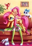  avian bird blue_eyes cat clothed clothing cute cutie_mark equestria_girls equine eyes_closed feline female feral fluttershy_(eg) fluttershy_(mlp) friendship_is_magic grin group hair hi_res holivi human inside lagomorph long_hair mammal my_little_pony pegasus pink_hair rabbit sitting smile sofa square_crossover wings 