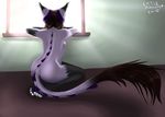  2015 4_toes anthro areola black_fur breasts brown_hair claws dragon faceless_male feline female fur hair hindpaw horn hybrid inside kneeling little-munster male mammal multicolored_fur nipples nude on_floor paws purple_fur solo toe_claws toes white_fur window 