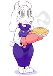  &lt;3 barefoot blush boss_monster breasts caprine clothing eyelashes female food fur goat grey_eyes hi_res horn mammal monster oven_mitt pie robe simple_background smile solo standing steam toriel undertale video_games vimhomeless white_background white_fur 